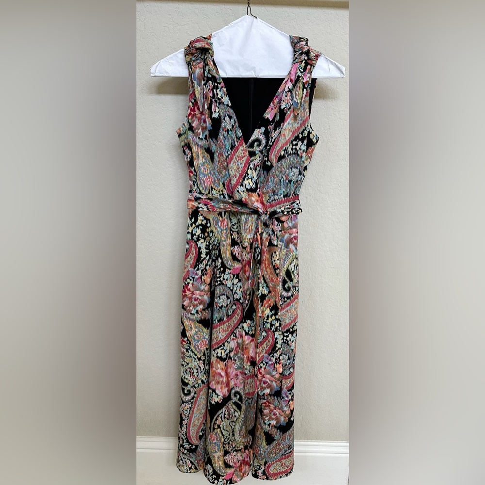 Tahari size 4, black and colorful midi dress